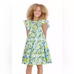 FRENCH CONNECTION Blue Lemon Print Ruffle Dress | SZ L (14/16)
